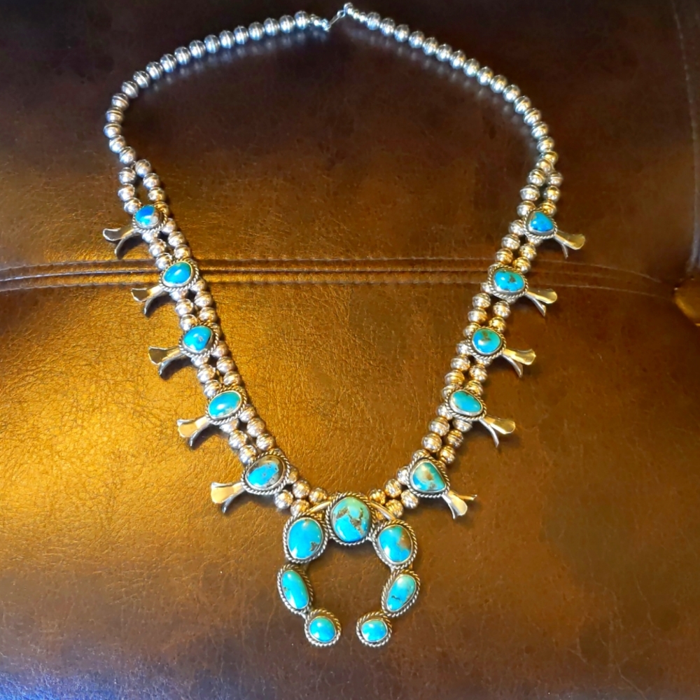 Turquoise Sterling Silver Squash Blossom Necklace